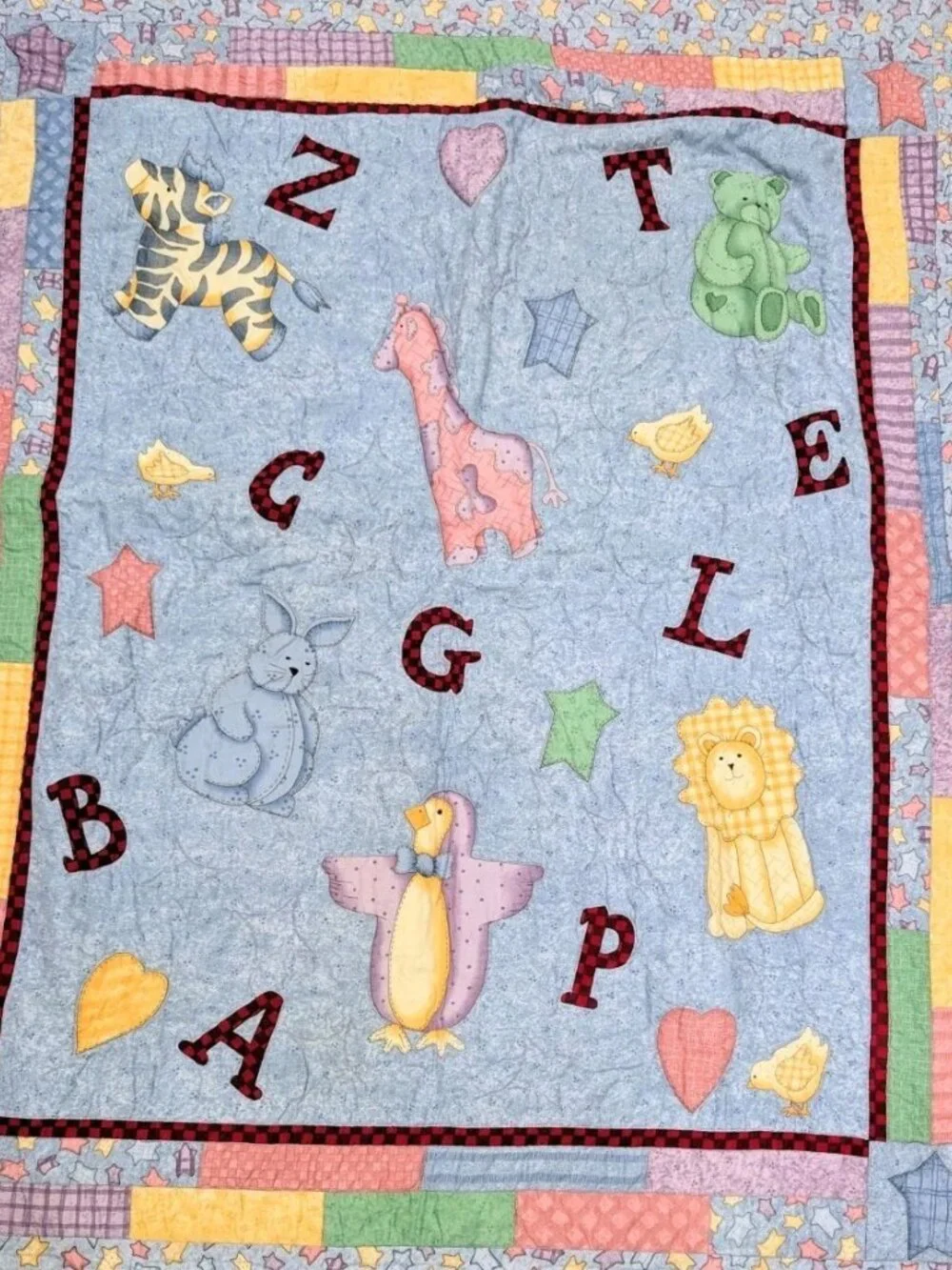 Handmade Zoo Animal Alphabet Baby Toddler Quilt Multicolor Cotton 50x40in